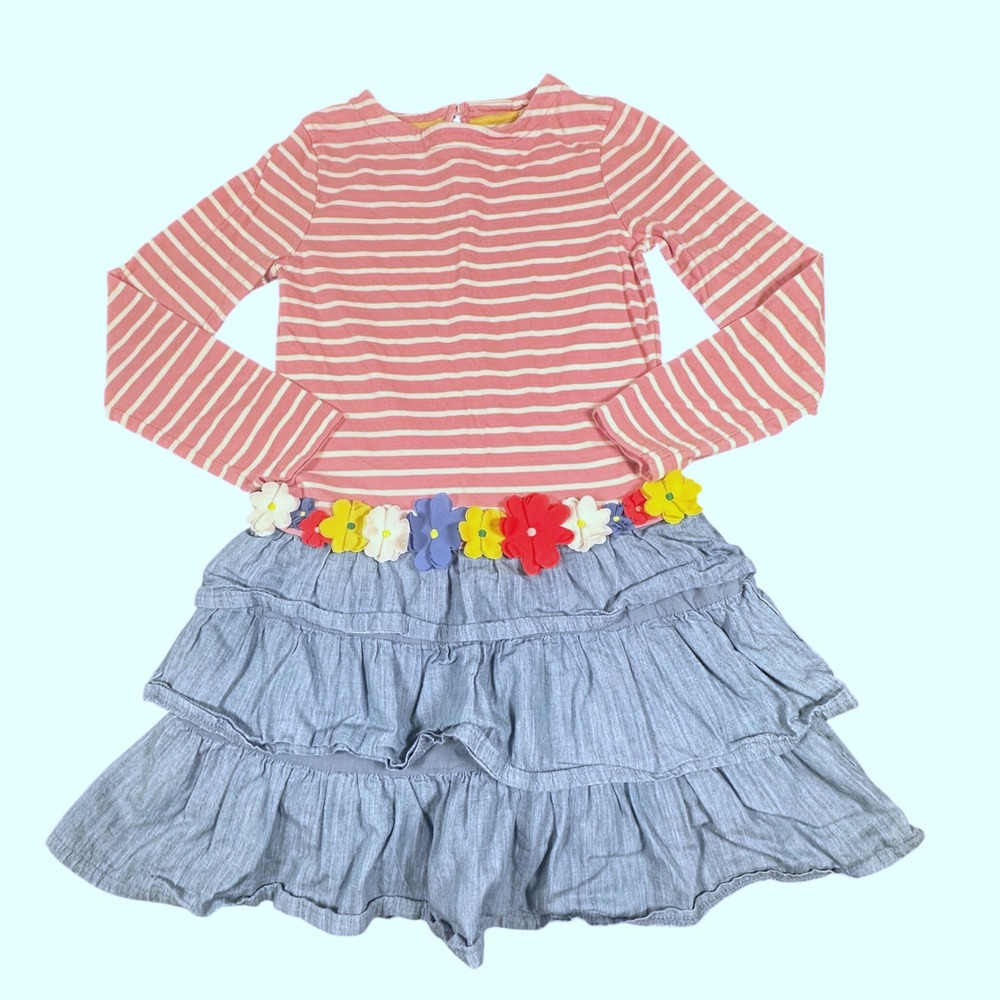 Mini Boden Girls Pink Striped‎ Floral Tiered Chambray Dress Size 9-10Y